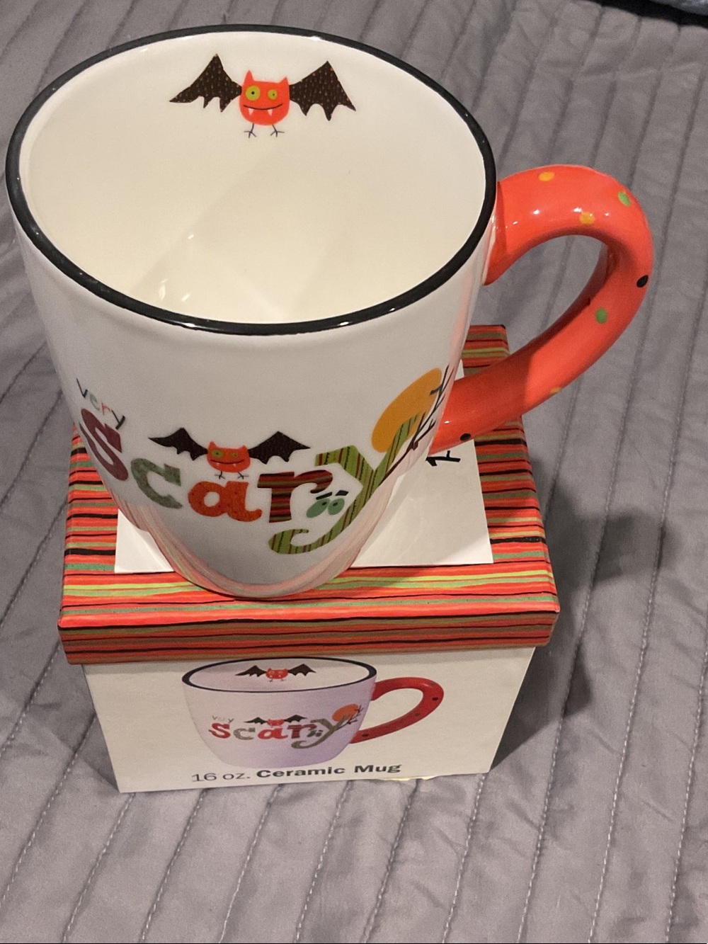 Certified International Halloween Owl & Bat Ceramic Mug with Orange Handle